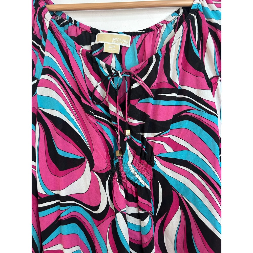 Michael Kors Silk Peasant Blouse Pink Blue Psychedelic Swirl Off Shoulder Small - Picture 4 of 8